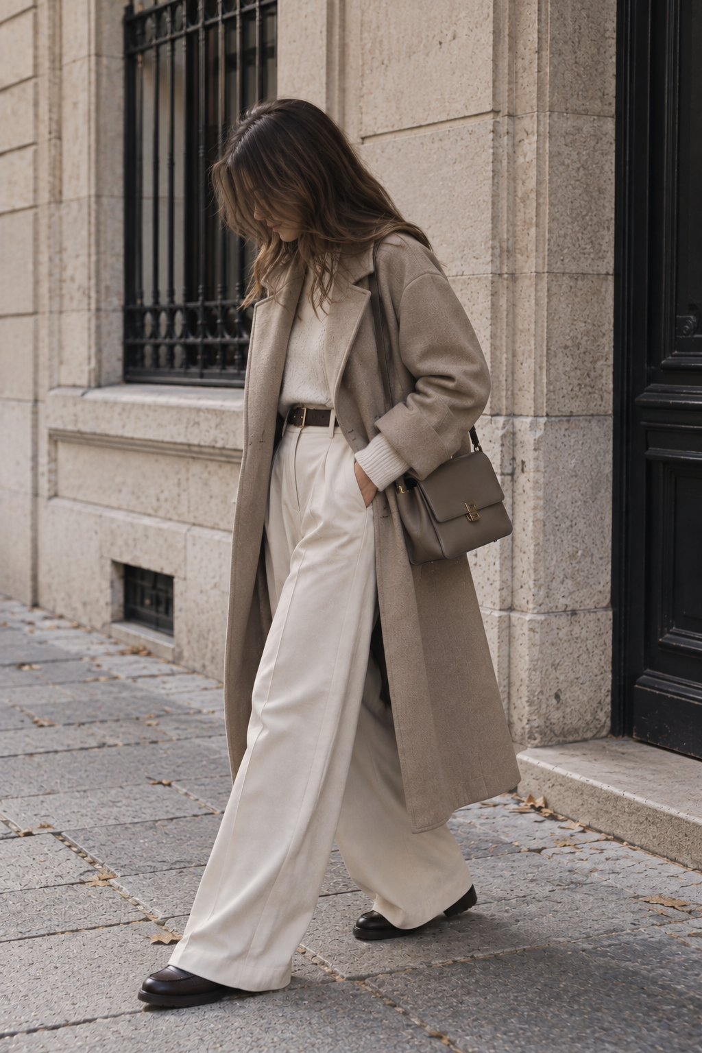 Französischer Stil im Herbst & Winter mit hellem Mantel, cremefarbener Hose und braunen Loafern