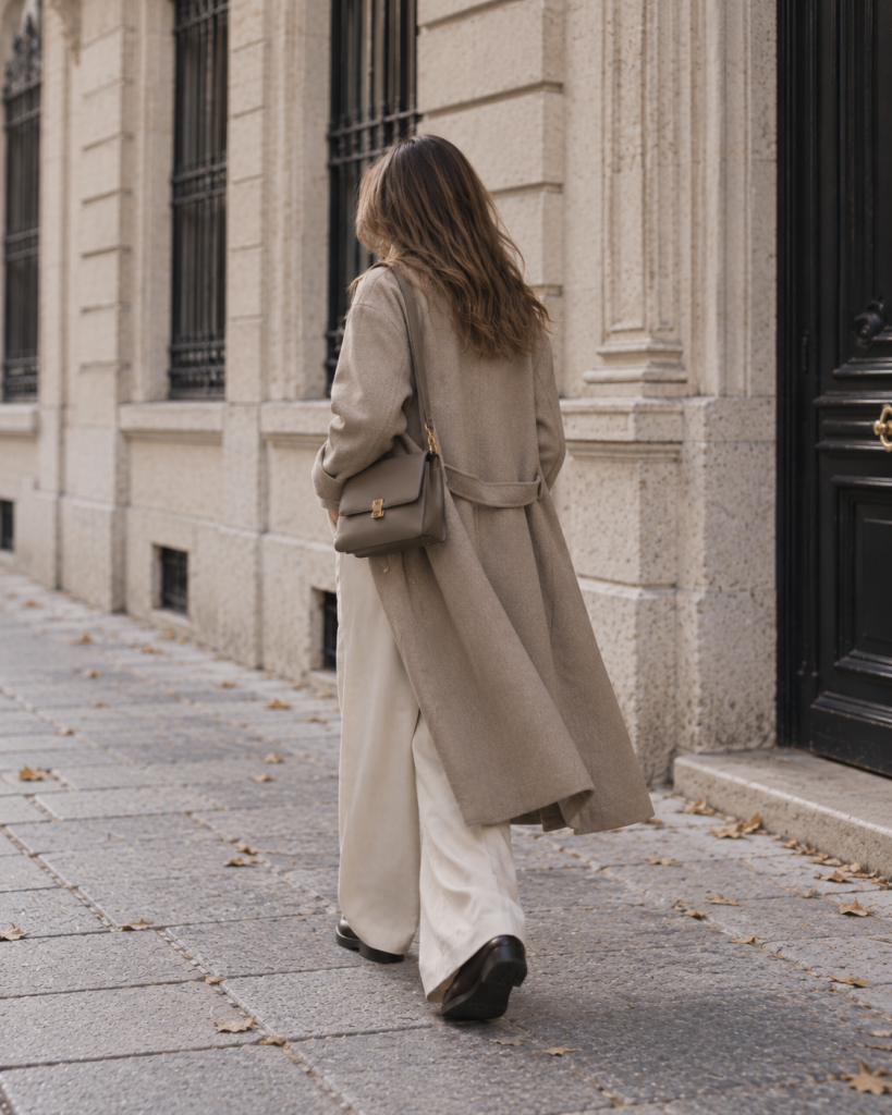 Herbst- und Winterlook im französischen Stil mit langem taupefarbenem Mantel und heller Stoffhose von hinten