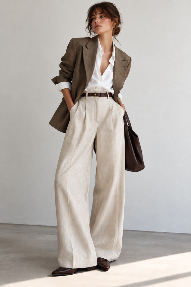 Moderner französischer Stil mit braunem Blazer, weißer Bluse und weiter heller Stoffhose: Frau mit Loafern und Ledertasche vor einem schlichten Studiohintergrund.