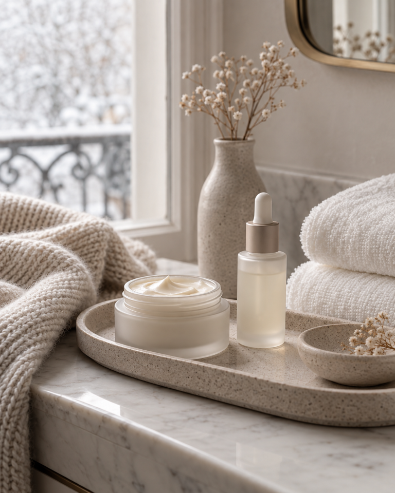 Trockene Haut im Winter mit französisch inspirierter Hautpflege aus Creme und Serum