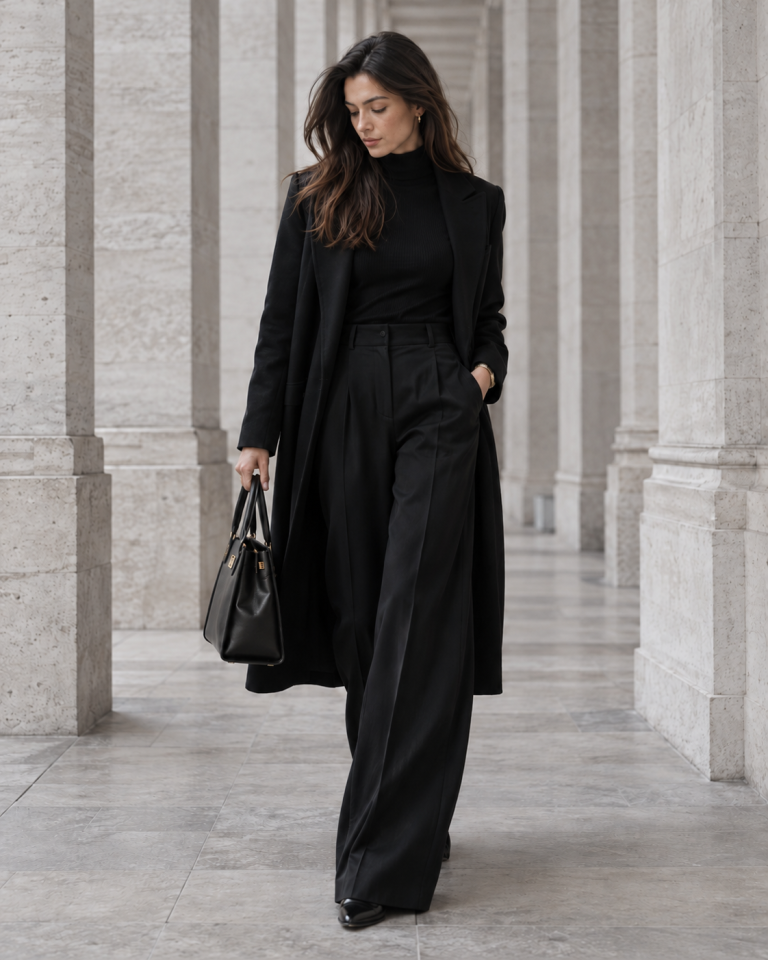 Schwarzer Monochrom Look mit langem Blazer, Rollkragenpullover, weiter Stoffhose und schwarzer Ledertasche
