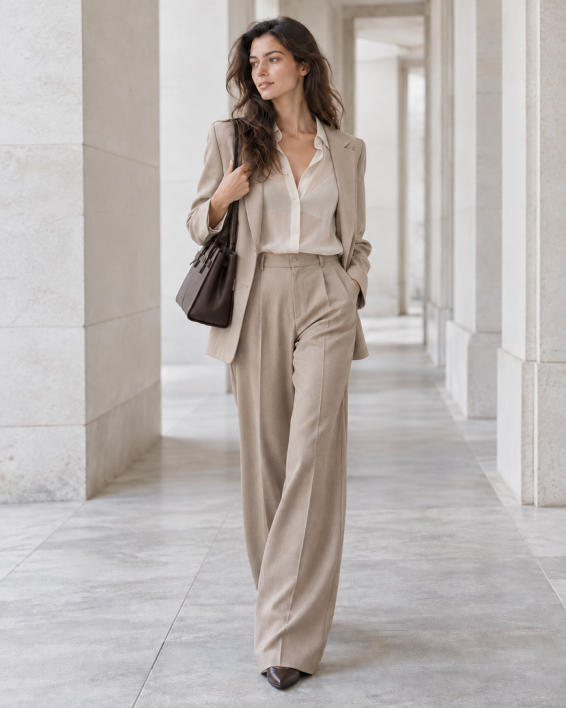 Model mit beigem Blazer über transparenter weißer Bluse, weiter Stoffhose und dunkler Ledertasche