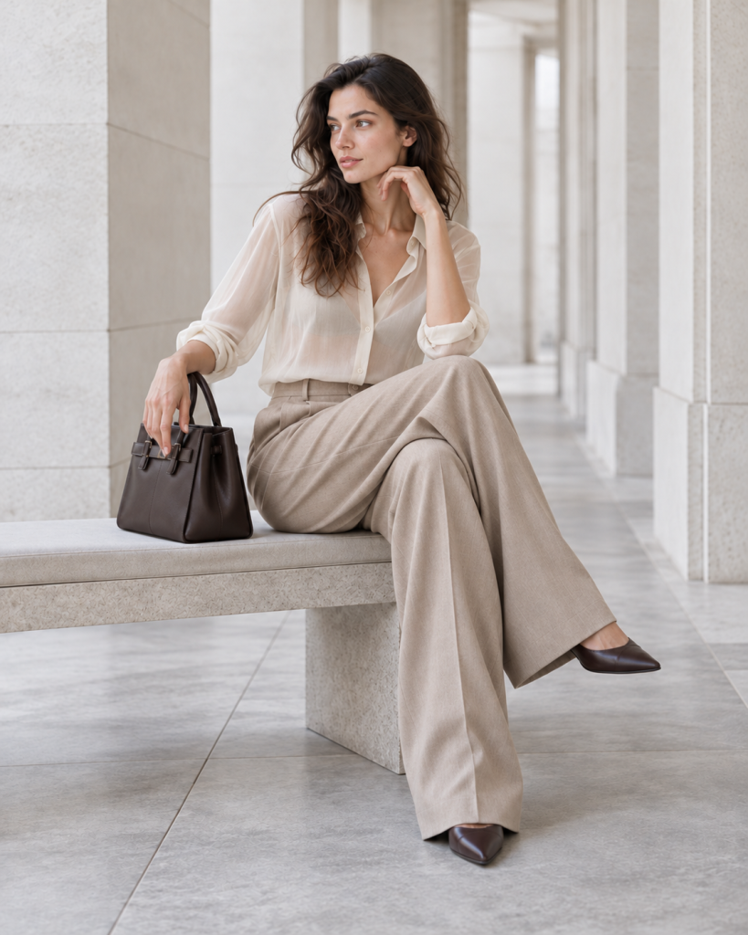 Sitzendes Model mit transparenter Bluse, weiter beiger Stoffhose und dunkelbraunen Schuhen