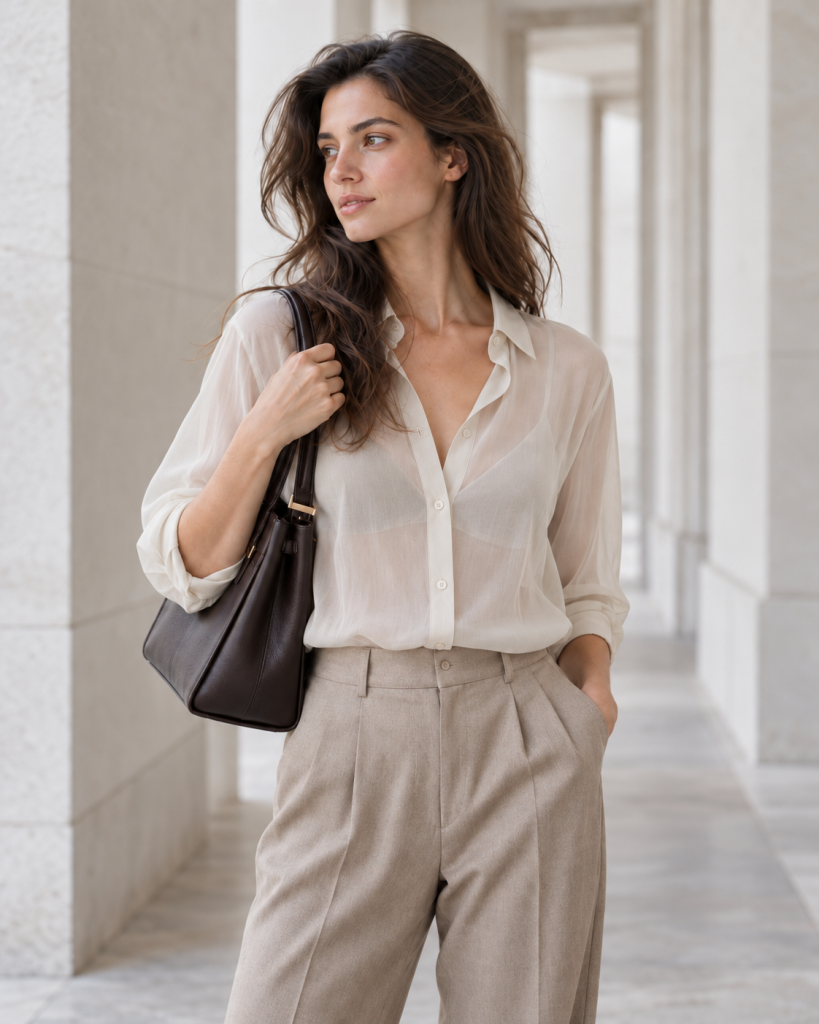 Sheer Look kombinieren: Transparente weiße Bluse mit beiger Stoffhose und dunkelbrauner Ledertasche