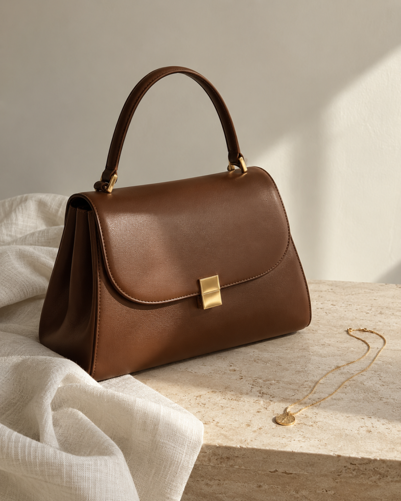 Braune Ledertasche und feine Goldkette auf heller Steinfläche vor minimalistischem Hintergrund