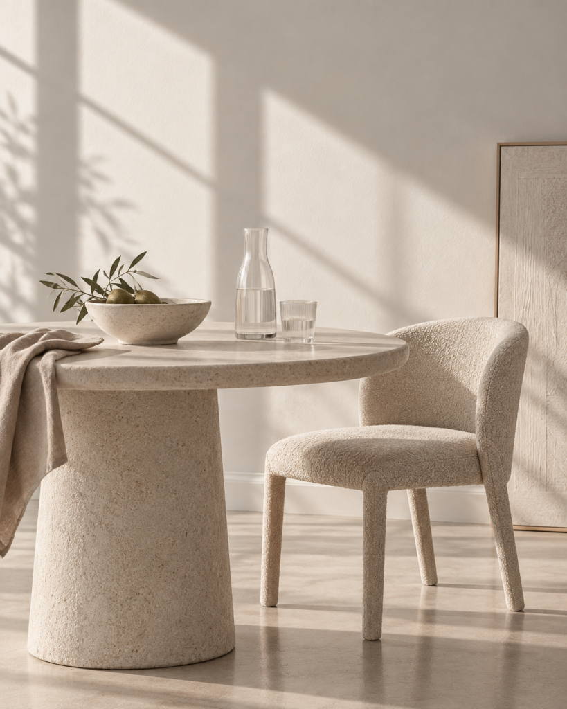 Minimalistische Inneneinrichtung mit rundem Esstisch und hellen Naturtönen
