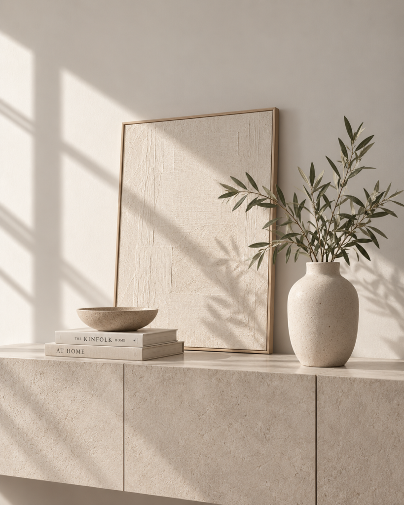 Minimalistische Inneneinrichtung mit hellem Sideboard, Vase, Büchern und Kunst
