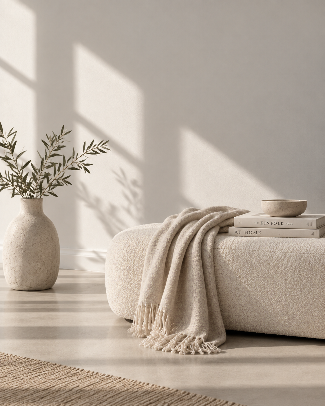 Minimalistische Inneneinrichtung mit heller Sitzbank, Decke und Büchern