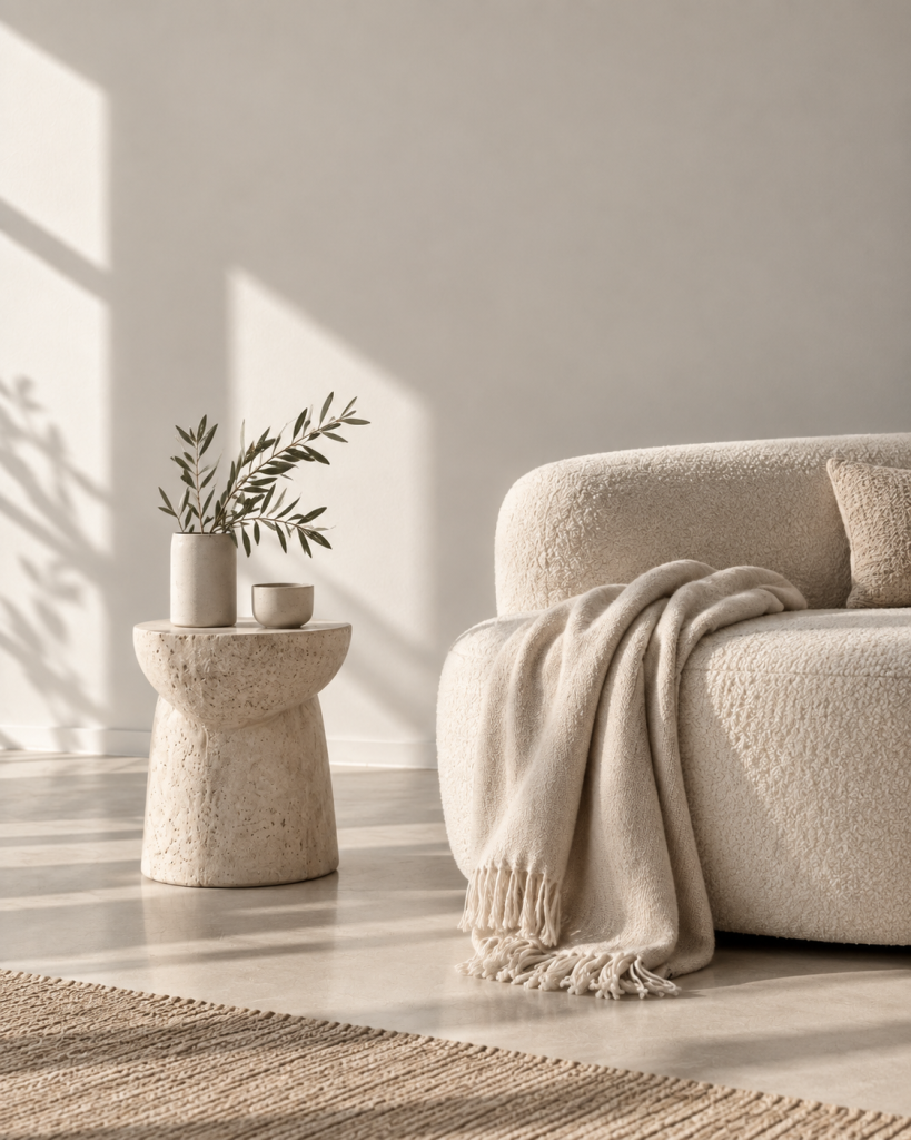 Minimalistische Inneneinrichtung mit hellem Sofa, Beistelltisch und Zweigen