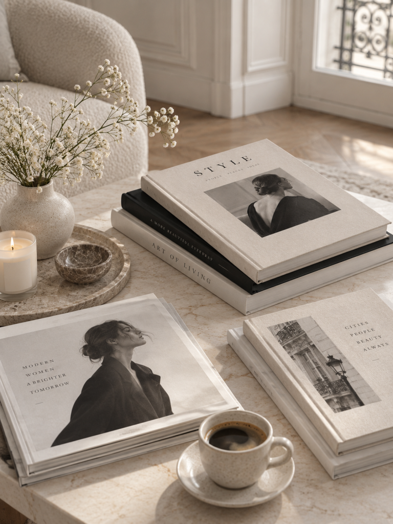 Coffee Table Books auf einem hellen Couchtisch im Pariser Chic