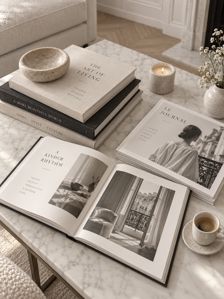 Coffee Table Books auf einem hellen Couchtisch im Pariser Chic