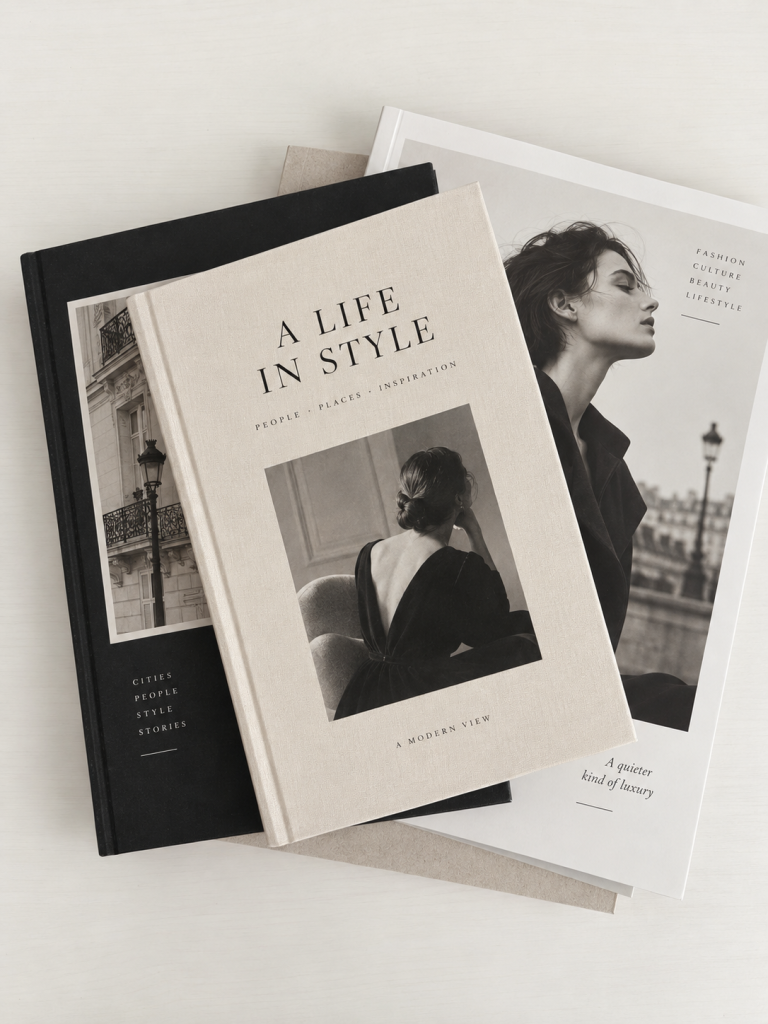 Stilvoll arrangierte Fashion-Bücher und Magazine im Pariser Chic