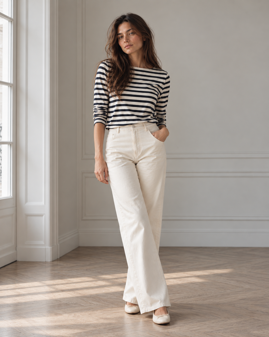 Frau im Streifenshirt mit weißer Hose in einem minimalistischen, hellen Interieur