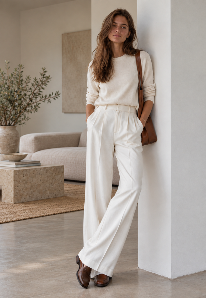Frau in cremefarbener Stoffhose und cremefarbenem Strickpullover mit brauner Ledertasche