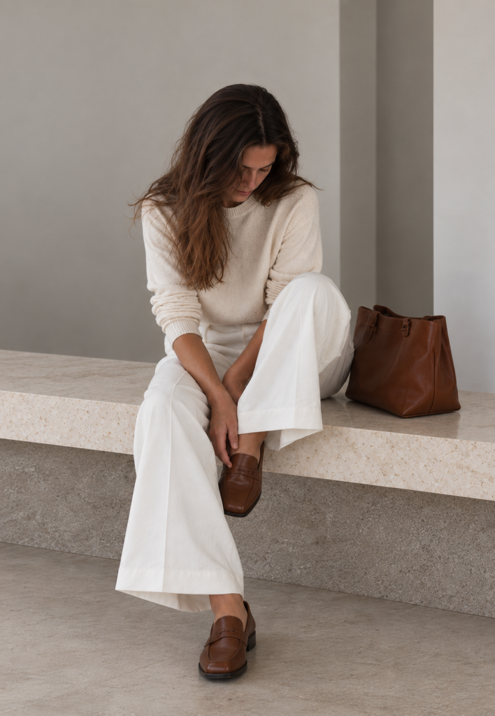 Frau in heller Stoffhose und cremefarbenem Strickpullover sitzt auf einer hellen Steinbank und trägt braune Loafer