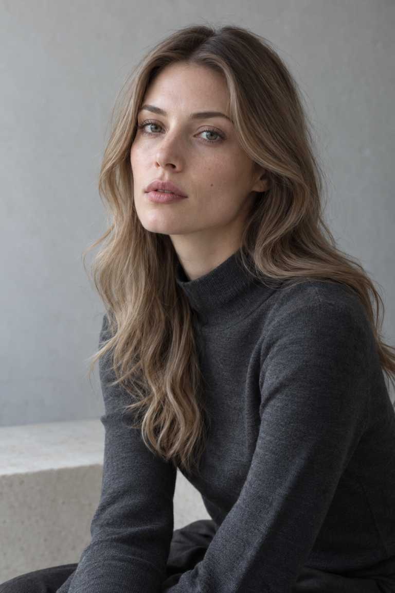 Frau mit langen, locker gewellten Haaren im French Undone Hairstyle trägt einen dunkelgrauen Pullover vor einem minimalistischen Hintergrund.