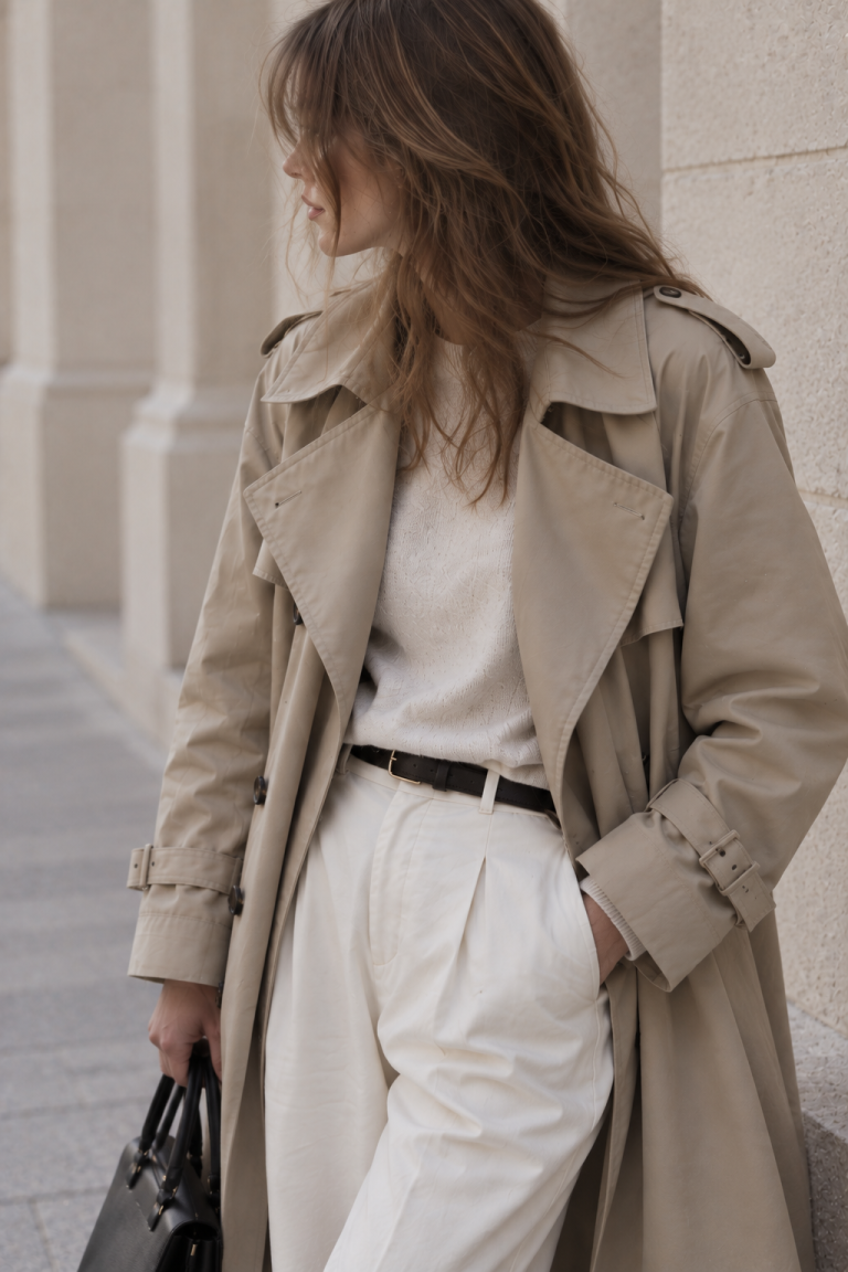 Detailaufnahme eines graubeigen Trenchcoats mit breitem Revers über einem cremefarbenen Strickpullover und einer hellen Stoffhose.