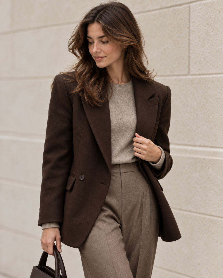 Brauner Blazer im französischen Stil mit beigem Strickpullover und eleganter Stoffhose in einer minimalistischen Umgebung.