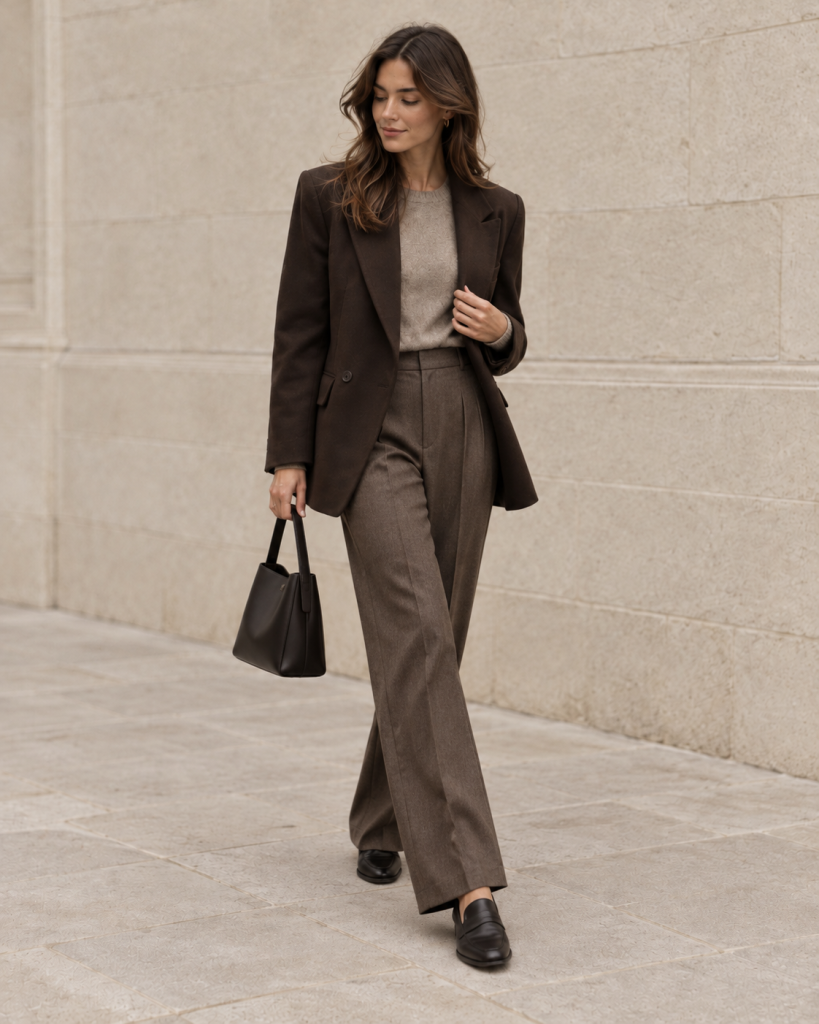 Frau kombiniert einen dunkelbraunen Blazer mit feinem Strick, weit geschnittener Stoffhose und minimalistischen Lederaccessoires.
