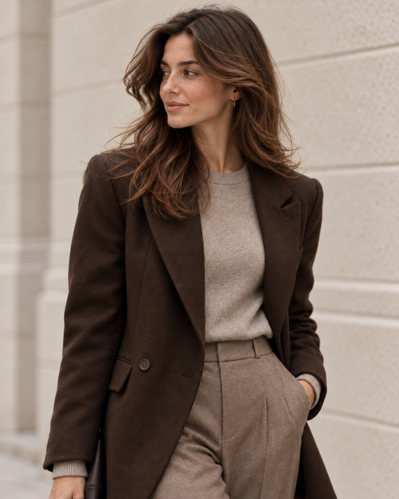 Nahaufnahme eines dunkelbraunen Blazers mit hellem Feinstrickpullover und beigebrauner Stoffhose im französischen Stil.