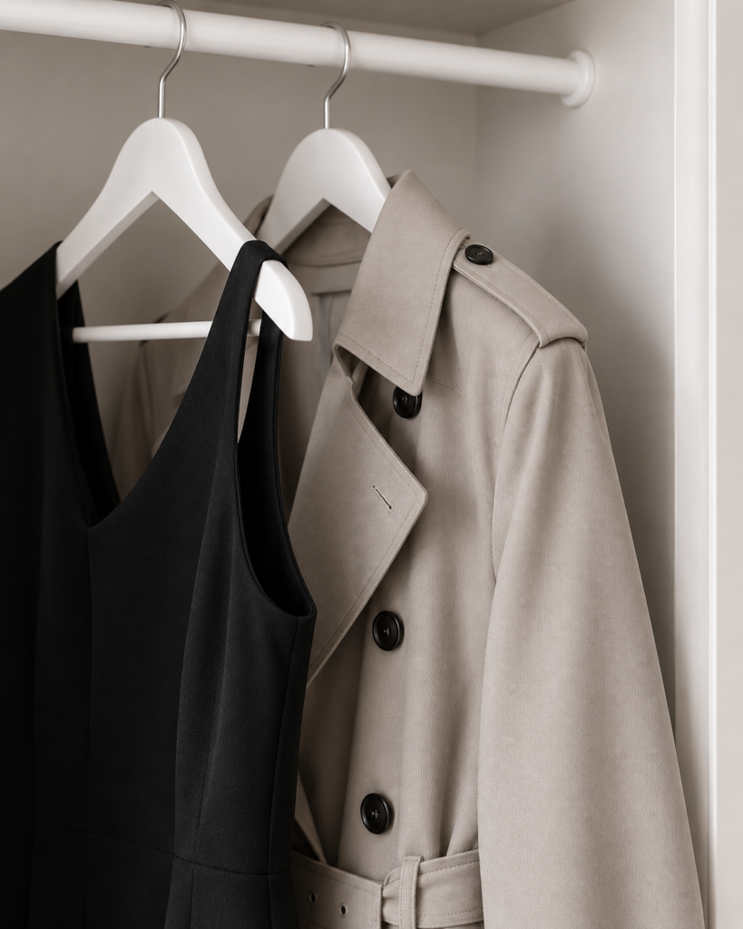 Schlichtes Kleid und Trenchcoat als zeitlose Bestandteile einer Capsule Wardrobe im Pariser Chic