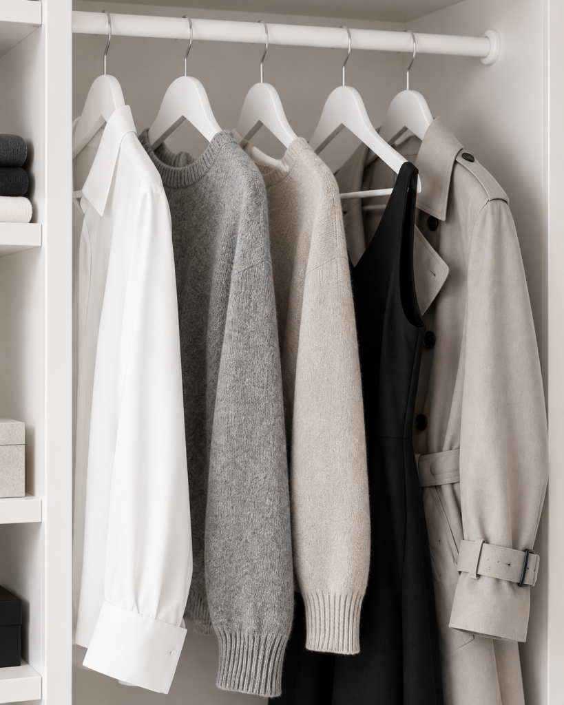 Minimalistische Garderobe mit Blazer, Hemd, Strick und Trenchcoat in neutralen Farben