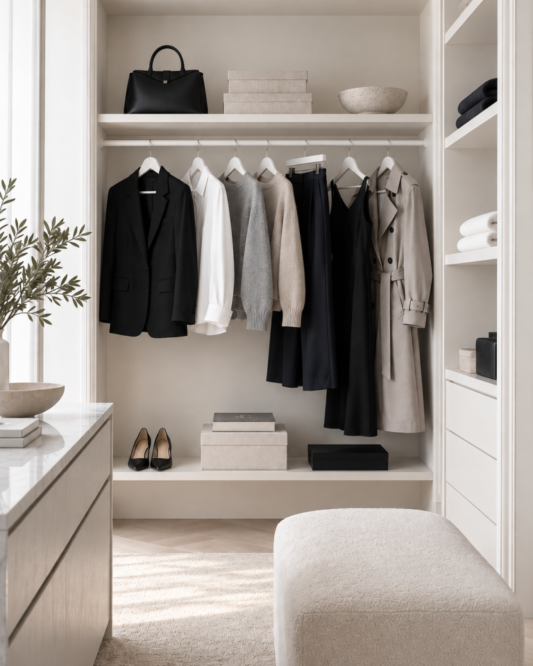 Minimalistisches Ankleidezimmer mit Capsule Wardrobe in Schwarz, Weiß, Grau und Beige im Stil des Pariser Chic