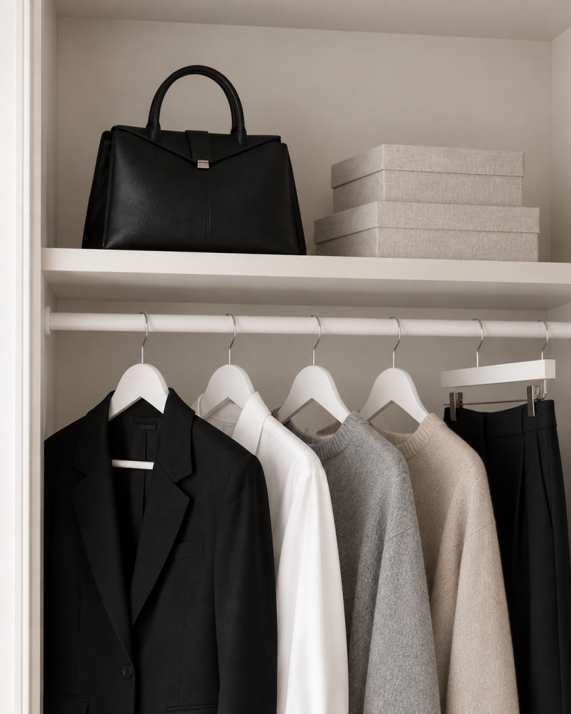 Eleganter minimalistischer Kleiderschrank mit ausgewählten Basics für eine Capsule Wardrobe