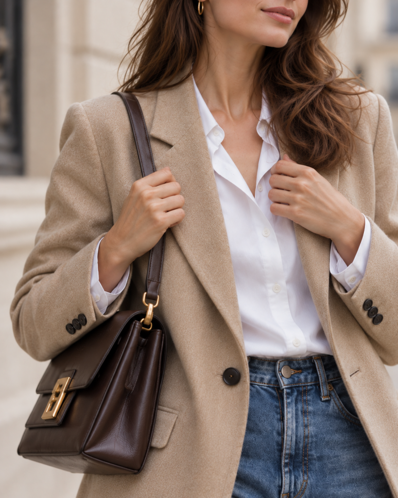 Detailaufnahme eines Pariser Chic Outfits mit beigefarbenem Mantel, weißer Bluse, blauer Jeans und dunkelbrauner Ledertasche.