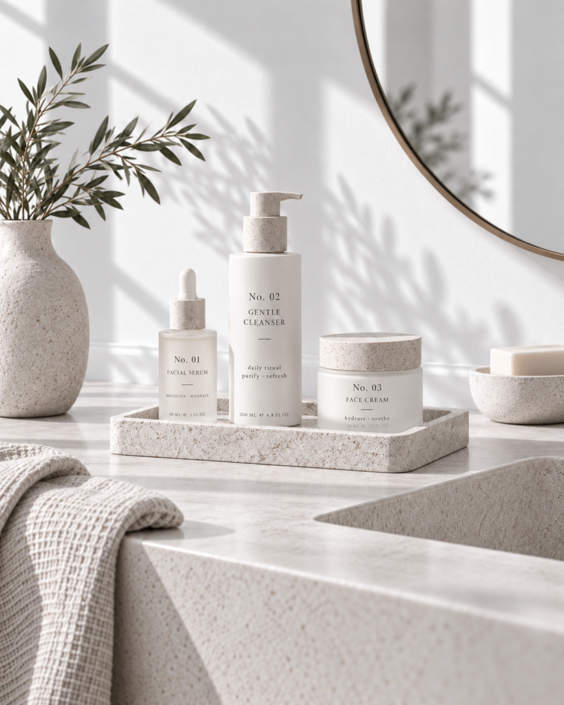 Französische Hautpflege mit Cleanser, Serum und Gesichtscreme in heller Umgebung