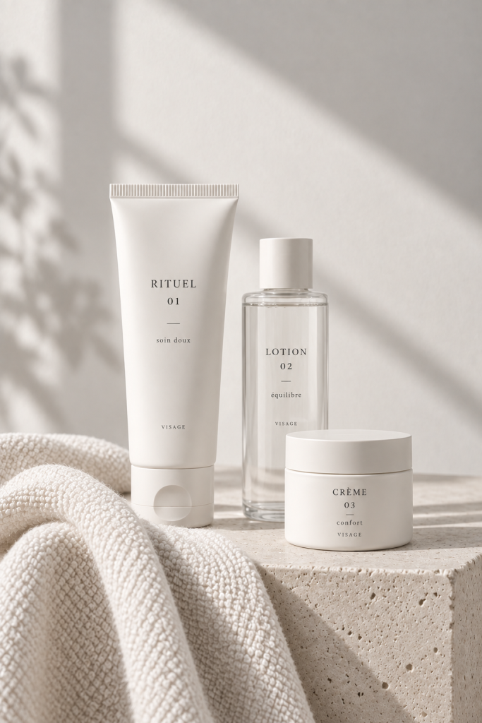 Minimalistische französische Hautpflege mit Reinigung, Lotion und Gesichtscreme