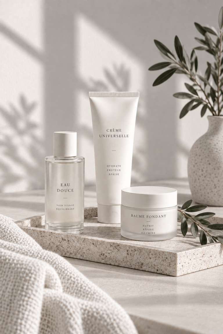 Helle minimalistische Hautpflegeprodukte mit Creme und Gesichtspflege