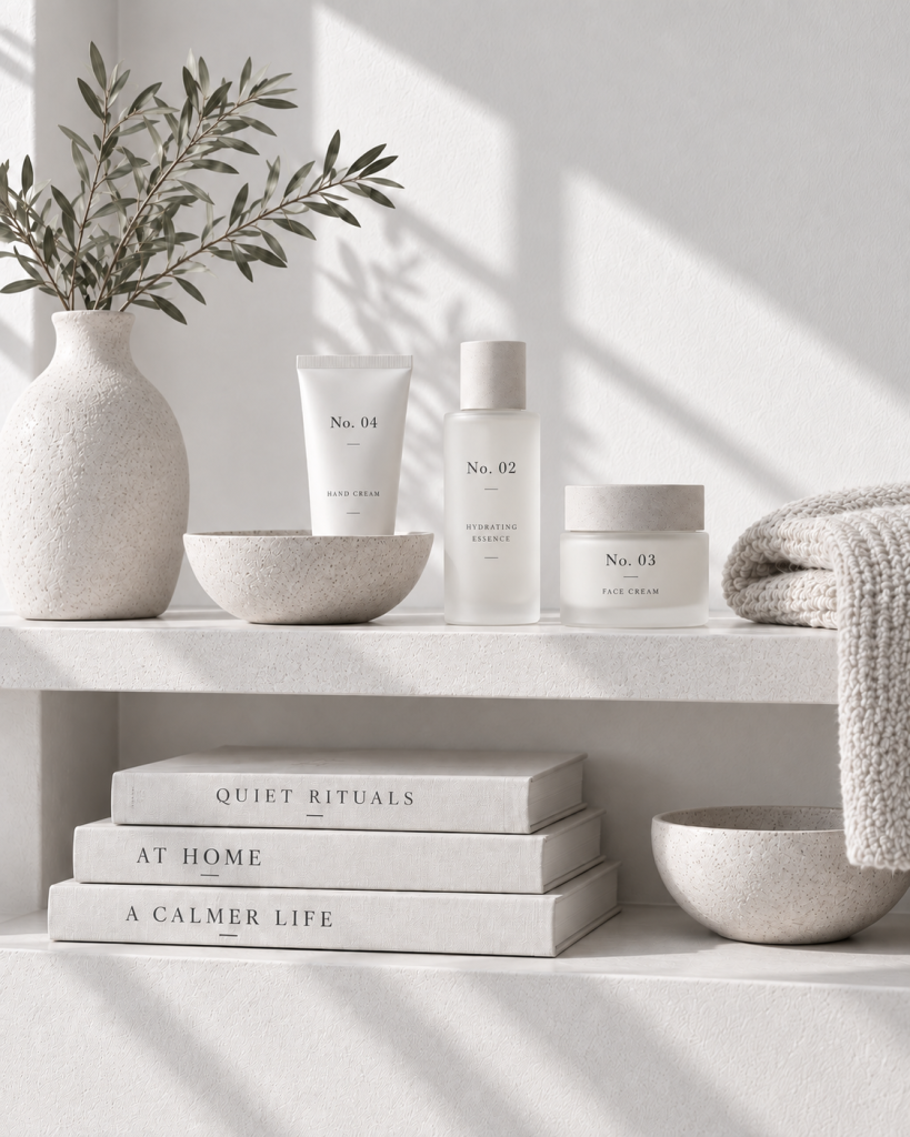 Serum, Cleanser und Gesichtscreme als minimalistische Hautpflege-RoutineHautpflege-Rituals