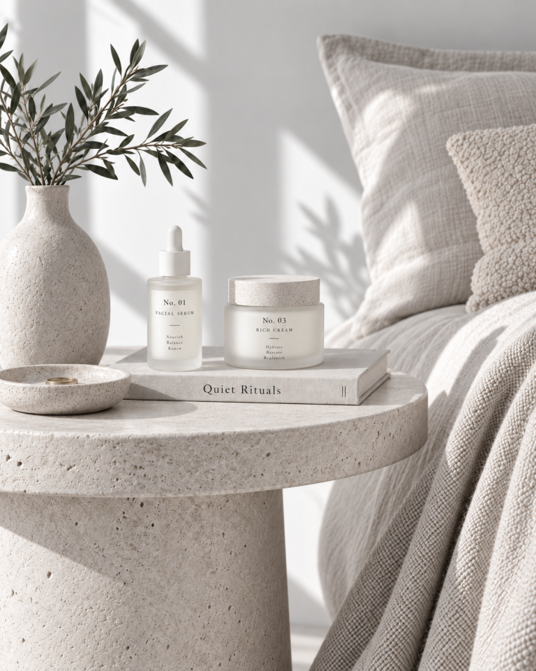 Serum und Gesichtscreme in einer ruhigen Selfcare-Szene zuhause