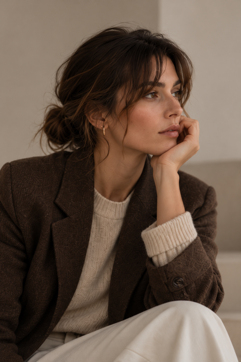 Herbstoutfits fürs Büro – Nahaufnahme einer brünetten Frau mit locker hochgesteckten Haaren, braunem Blazer und cremefarbenem Strickpullover, die ihren Kopf auf die Hand stützt.