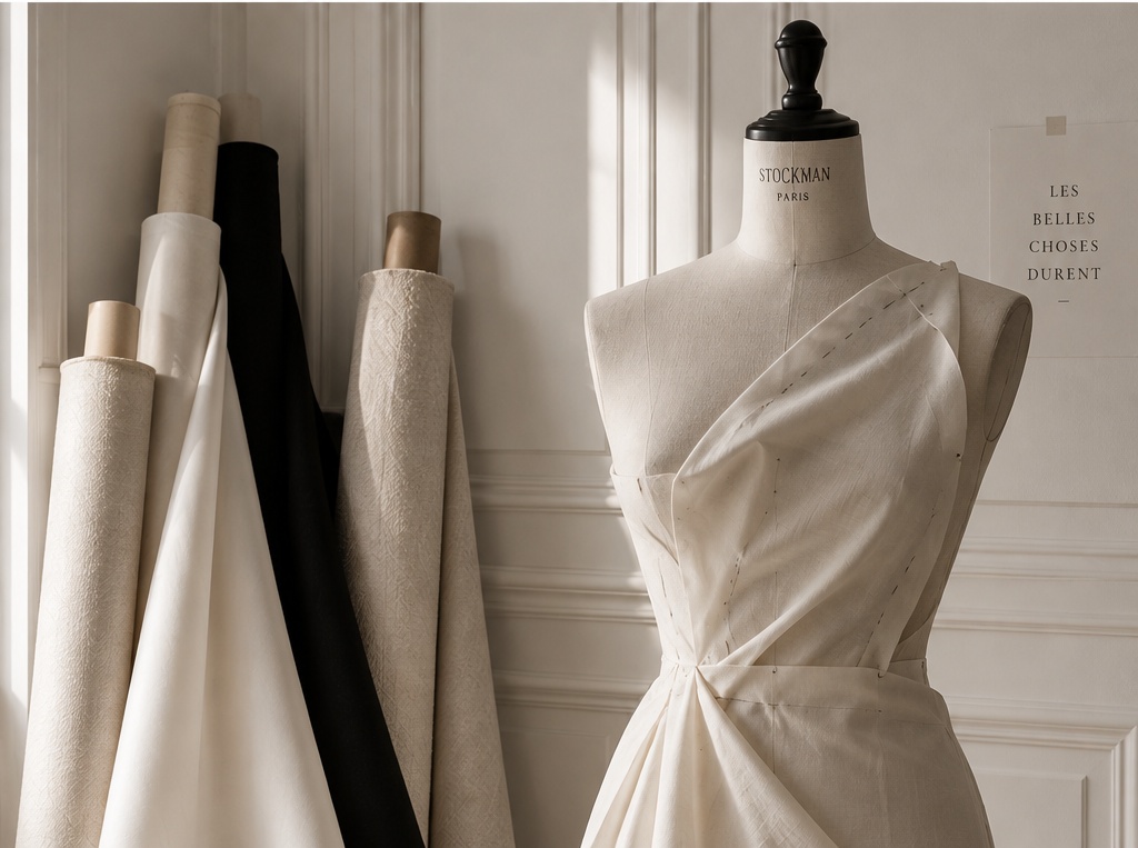 Schneiderpuppe mit drapiertem Stoff neben Stoffrollen in einem hellen Pariser Couture-Atelier