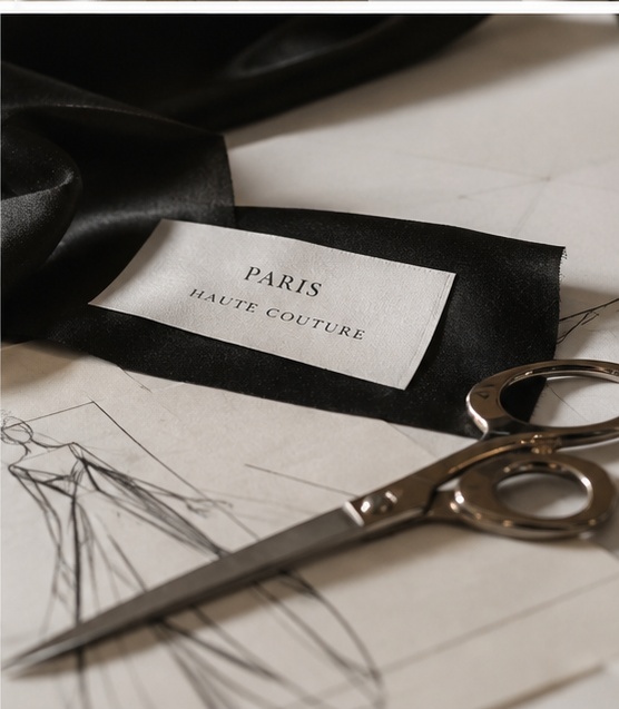 Modeskizze, Stoff und Schneiderschere als Detail eines Haute-Couture-Ateliers in Paris