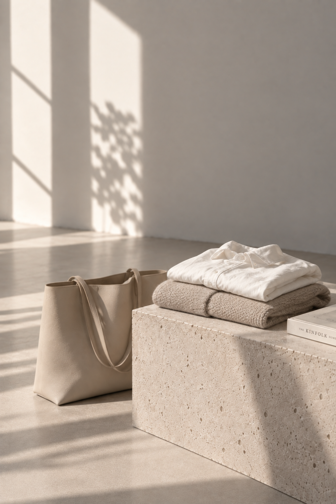 Gefaltete weiße Bluse mit beigefarbenem Strick und Ledertasche auf einem hellen Steinpodest im Sonnenlicht