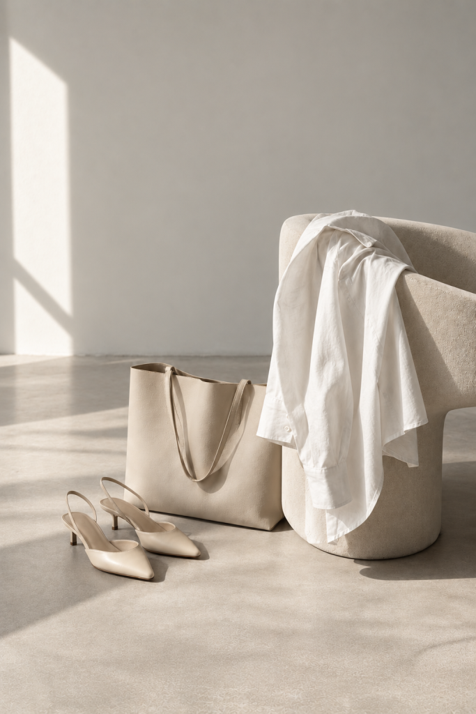 Weiße Bluse mit heller Ledertasche und eleganten Schuhen als Beispiel für hochwertige Kleidung