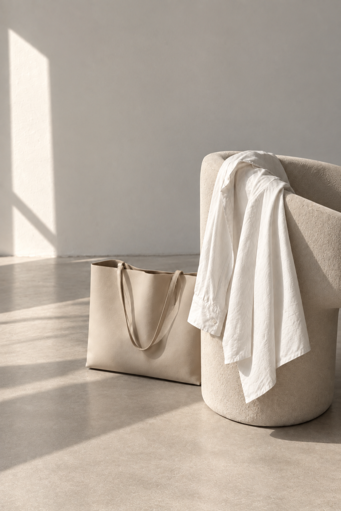 Weiße Bluse aus leichtem Stoff über einem Sessel neben einer cremefarbenen Ledertasche