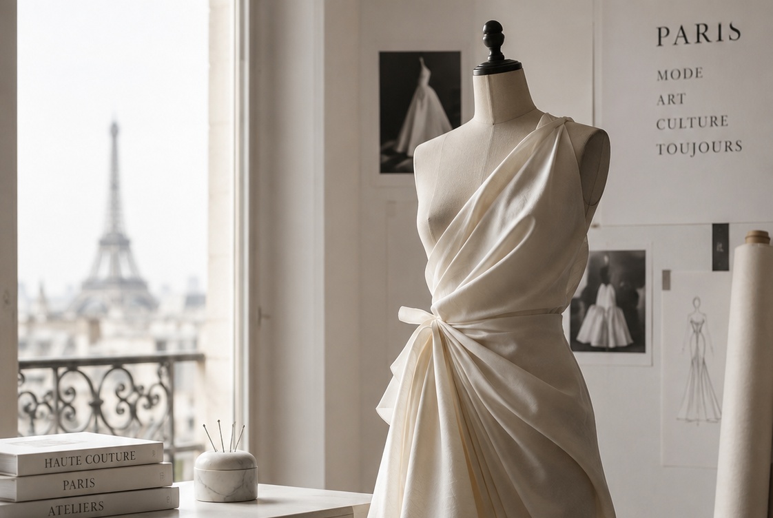 Haute-Couture-Kleid auf einer Schneiderpuppe in einem Pariser Atelier mit Blick auf den Eiffelturm
