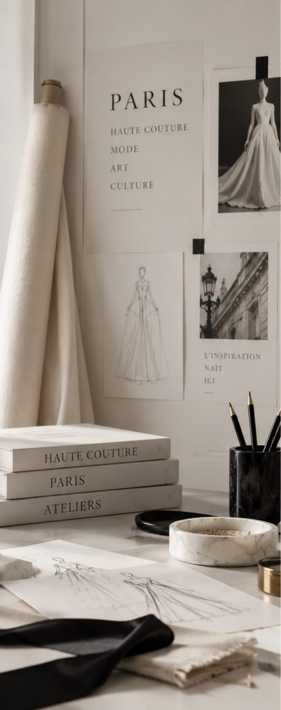 Moodboard mit Modeskizzen, Stoffen und Couture-Details in einem Pariser Modeatelier