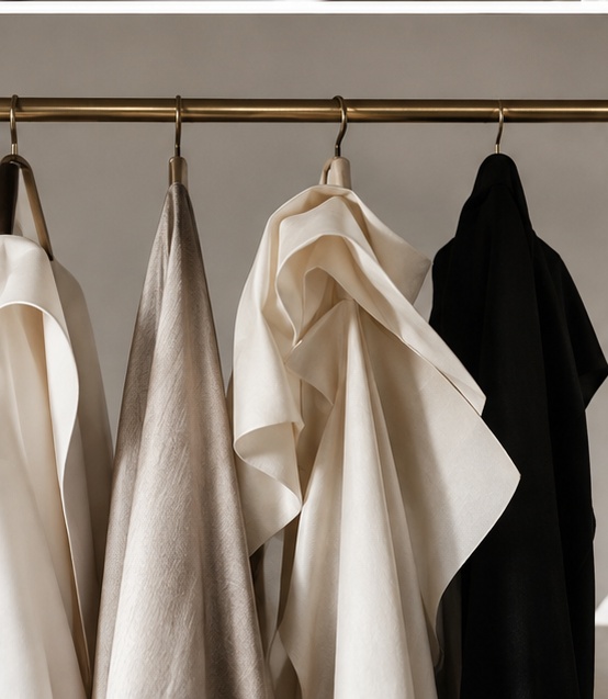 Helle und schwarze Couture-Stoffe auf einer Kleiderstange in einem minimalistischen Pariser Atelier