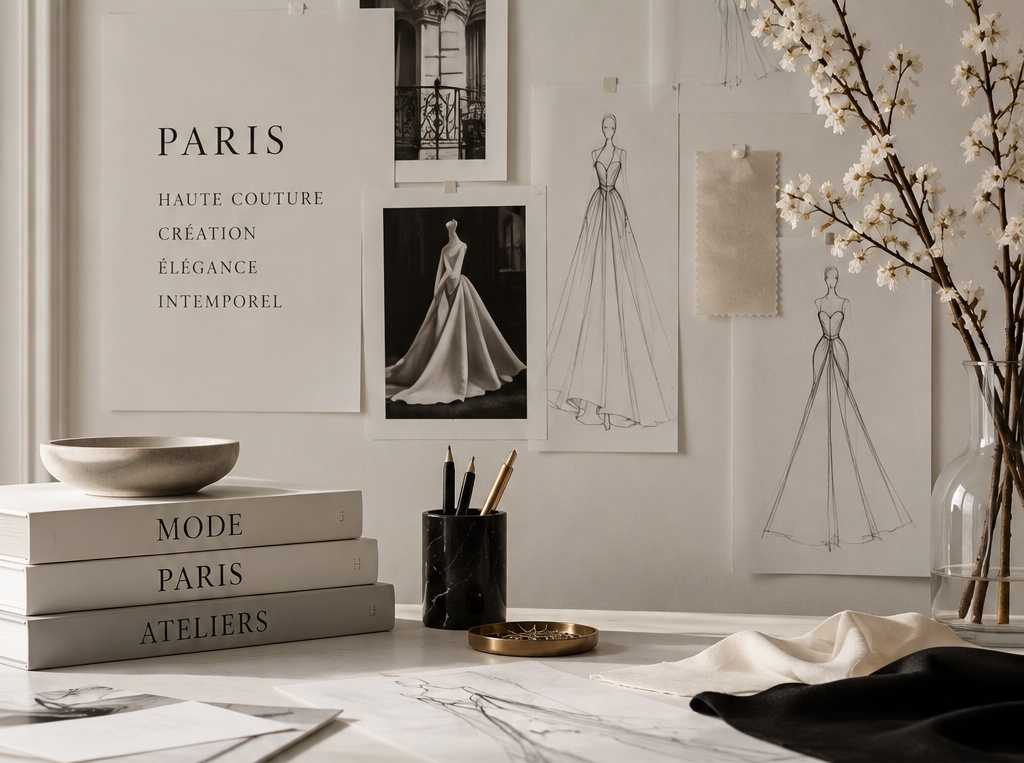 Elegantes Couture-Moodboard mit Modeskizzen, Stoffmustern und Pariser Inspiration