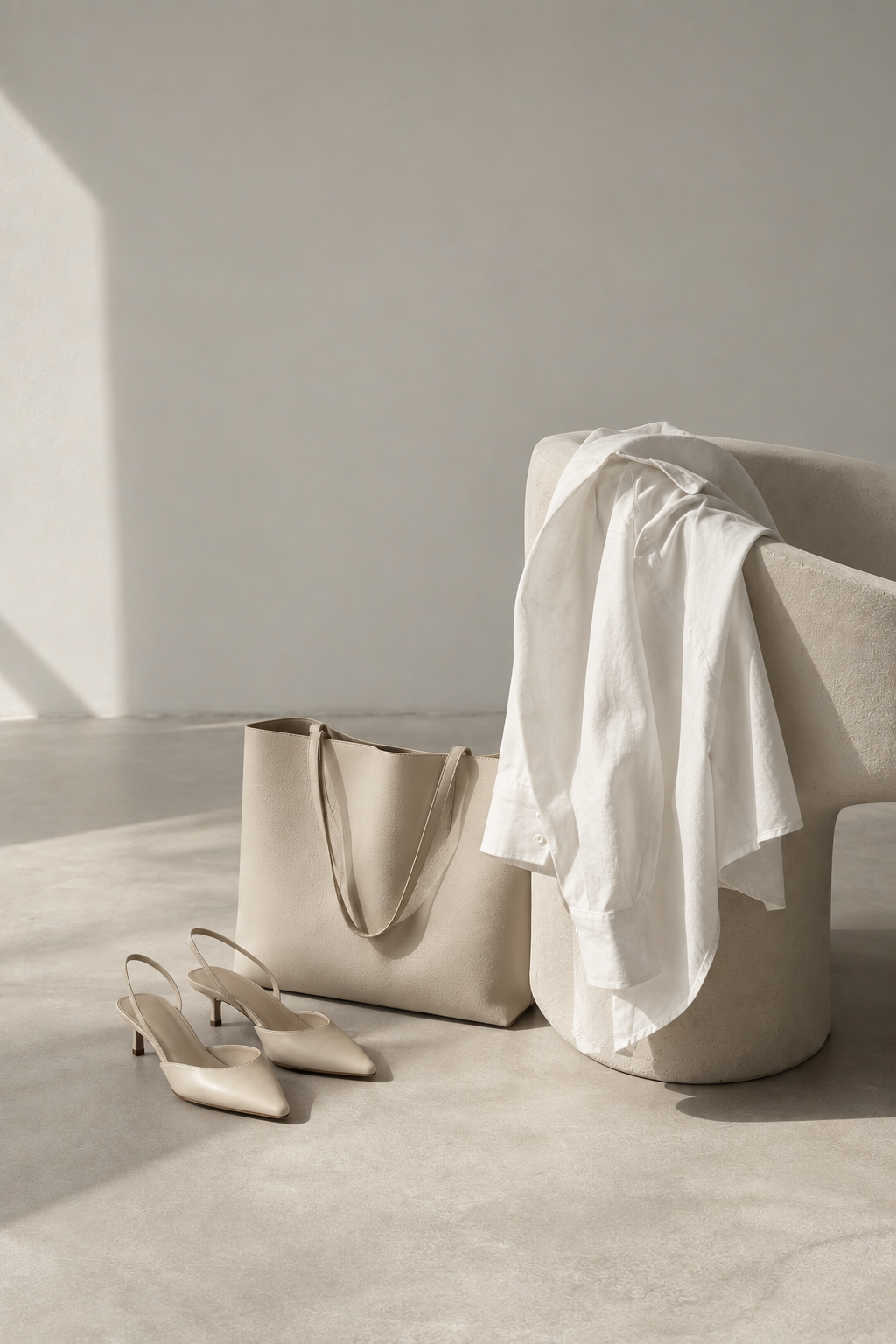 Minimalistisches Mode-Stillleben mit weißer Bluse, heller Tasche und Slingback-Schuhen