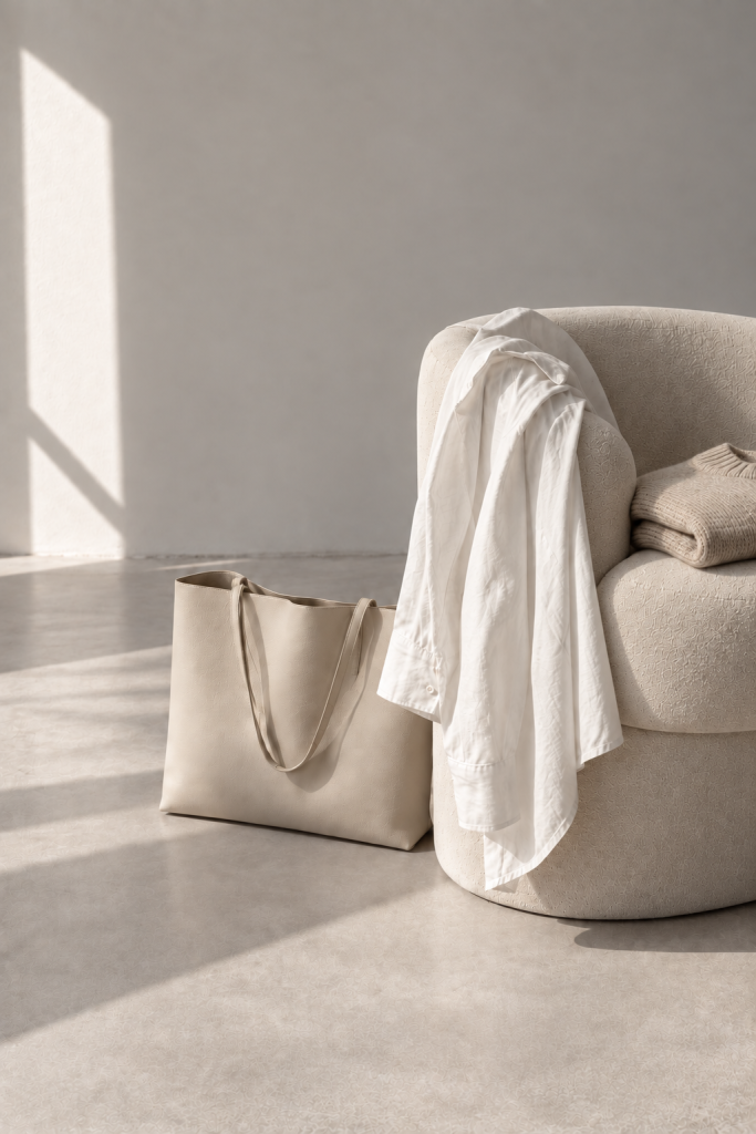 Weiße Bluse, feiner Strick und Ledertasche in neutralen Farben als hochwertige Materialien