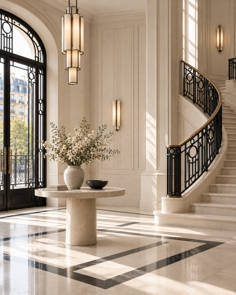Elegantes Art-déco-Foyer mit geschwungener Treppe, geometrisch gestaltetem Marmorboden und hohen Leuchten in zurückhaltenden Metalltönen.