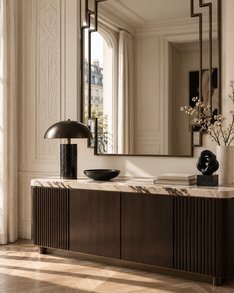Art-déco-inspirierte Konsole aus dunklem Holz mit Marmorplatte, geometrischem Wandspiegel und skulpturalen Wohnaccessoires.