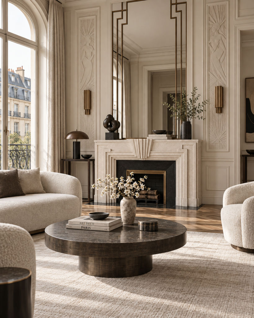 Modernes Wohnzimmer im Art-déco-Stil mit geometrischem Spiegel, hellem Marmorkamin, geschwungenen Sofas und zurückhaltenden Naturtönen.