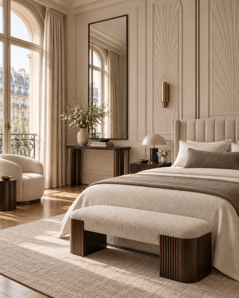 Modernes Schlafzimmer mit geometrischen Wandverzierungen, dunklen Holzmöbeln und hellen Naturmaterialien.